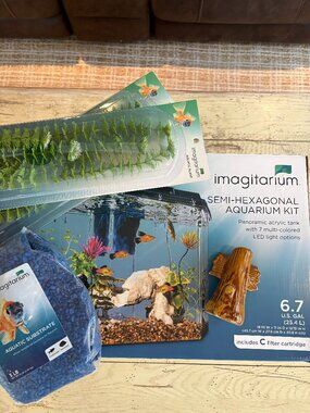 NWT Imagitarium Semi-Hexagonal Aquarium, 6.7 Gallon, Substrate, 2 Plants, Fishin